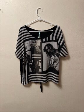 Rhapsodielle Sheer Graphic Open Back Top | Black & White Striped Retro Tee (M)